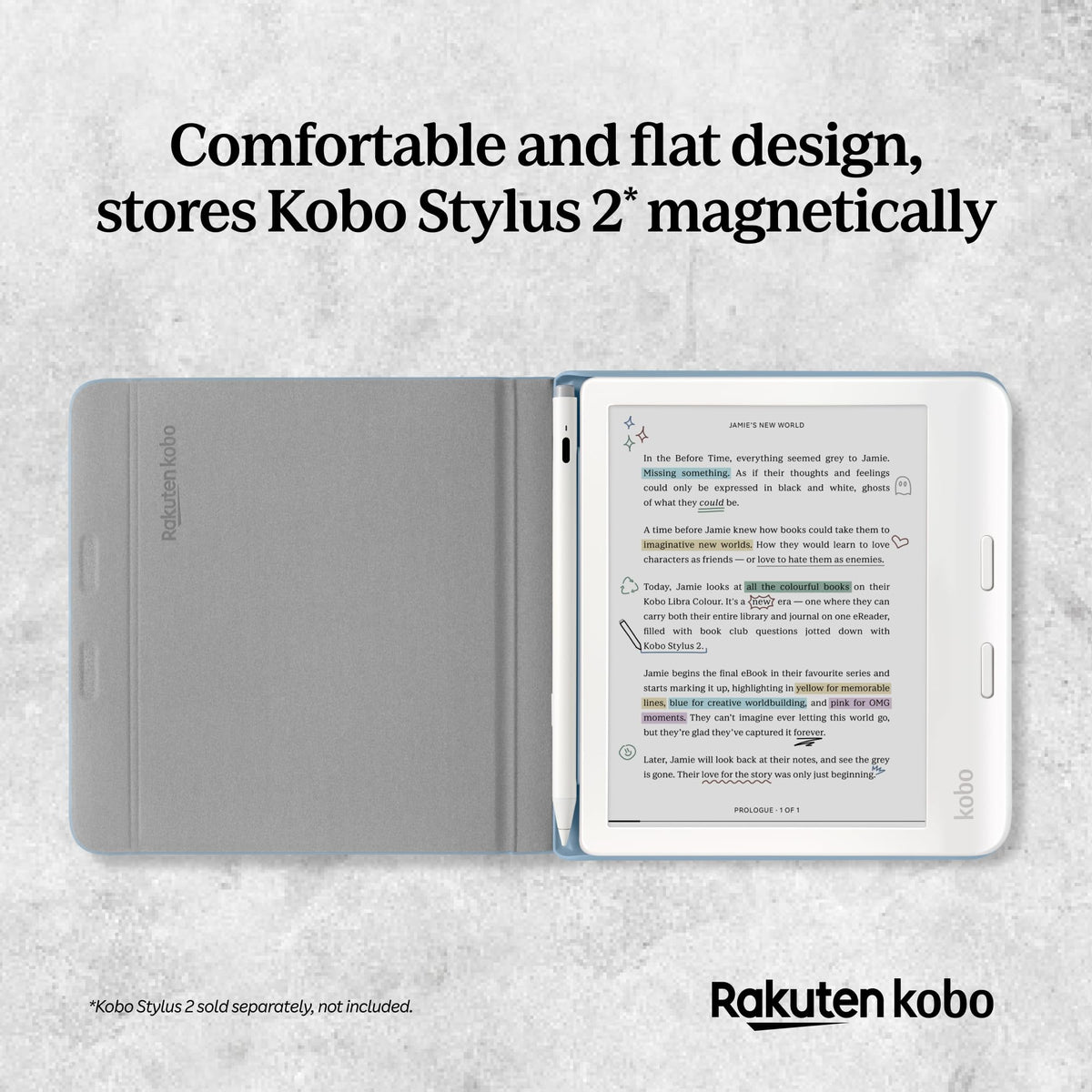 Kobo Libra Colour SleepCover Case | Dusk Blue Stylus Notebook | Sleep/Wake Technology | Built-in 2-Way Stand | Vegan Leather | Compatible with 7” Kobo Libra Colour eReader