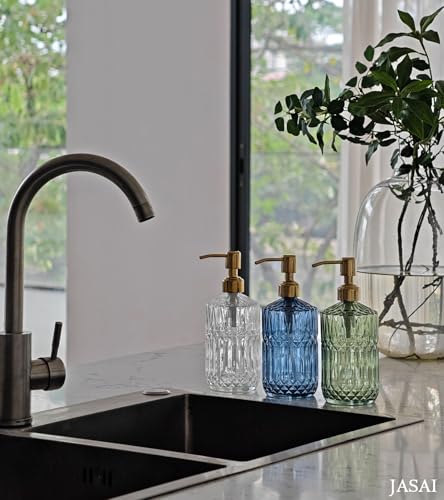 JASAI 18Oz Green Glass Soap Dispenser with Gold Rust Proof Pump