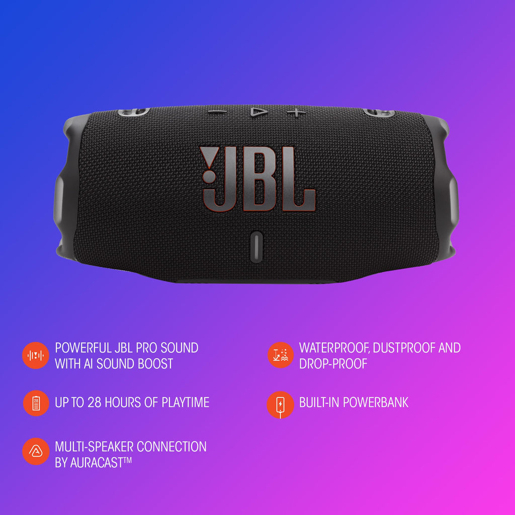 JBL Charge 6 - Portable Waterproof & DropProof Bluetooth Speaker (Black) | Powerful JBL Pro Sound with AI Sound Boost, Up to 28 hours of playtime, Built-In Powerbank, Multi-speaker connection