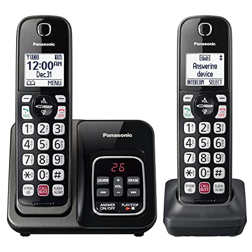 Panasonic Cordless Phone with Answering Machine, 2 Handsets Landline Phone | Home phones landline cordless featuring an answering machine, call block and caller ID, Metallic Black, KX-TGD832M