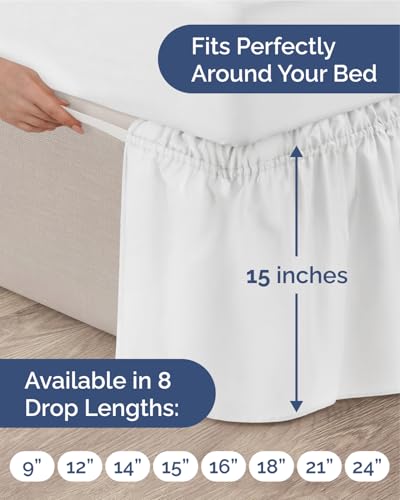 CGK Wrap Around Dust Ruffle Bed Skirt - Queen Size, 15" Inch, White | Easy Fit Elastic Strap, Adjustable Pleated Bedskirt w/Brushed Fabric, Wrinkle & Fade Free, for Women, Men, Kids & Teens
