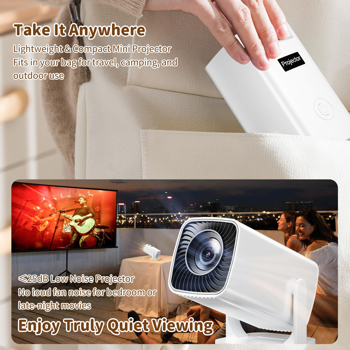 Mini Projector with 4K Support, Portable Short Throw Proyector | Electric Focus&Keystone, 270° Rotatable Stand, Compatible with TV Stick, Phone & Laptop, Holiday Gift Idea