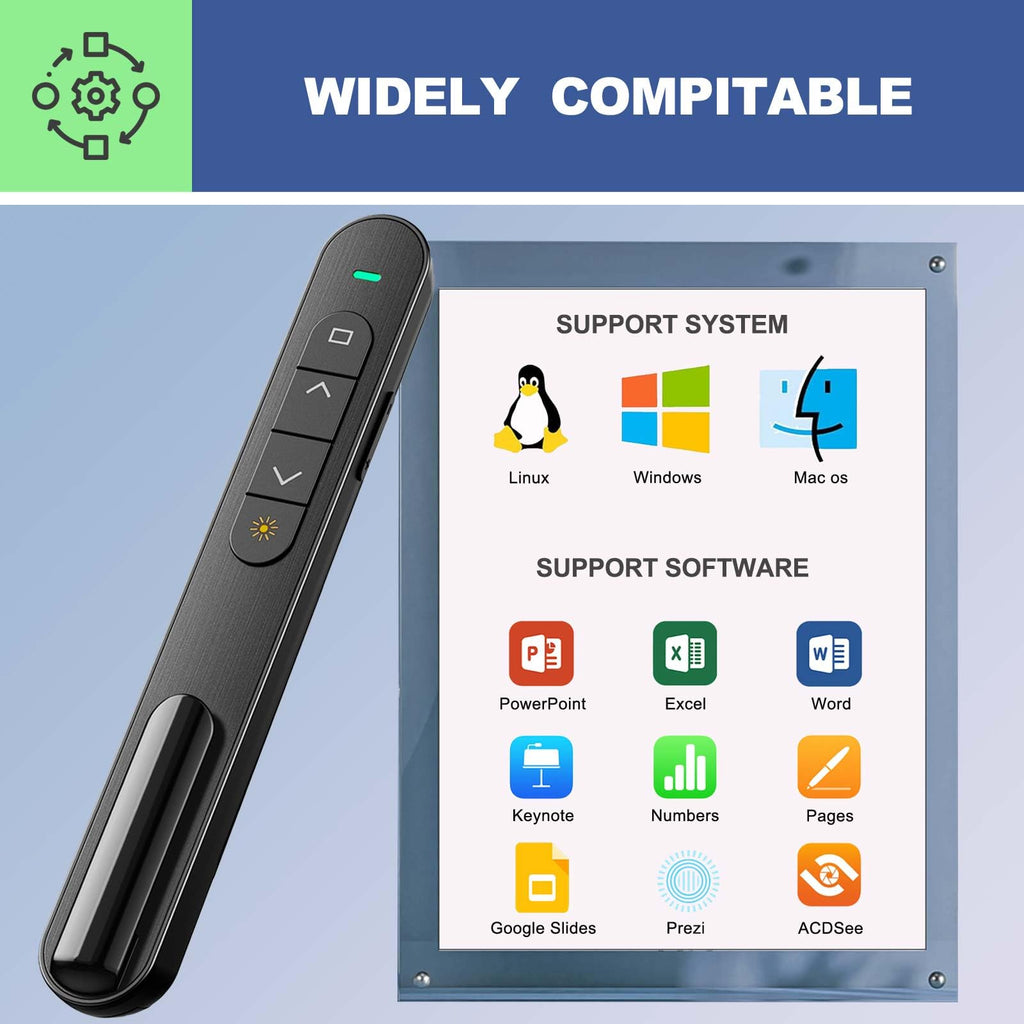 QUI Presentation Clicker with Volume Control, Wireless Presenter Remote | Plug & Play 2.4GHz USB Slide Advancer Compatible with Mac/Windows, Works with PowerPoint, Keynote, and Google Slides