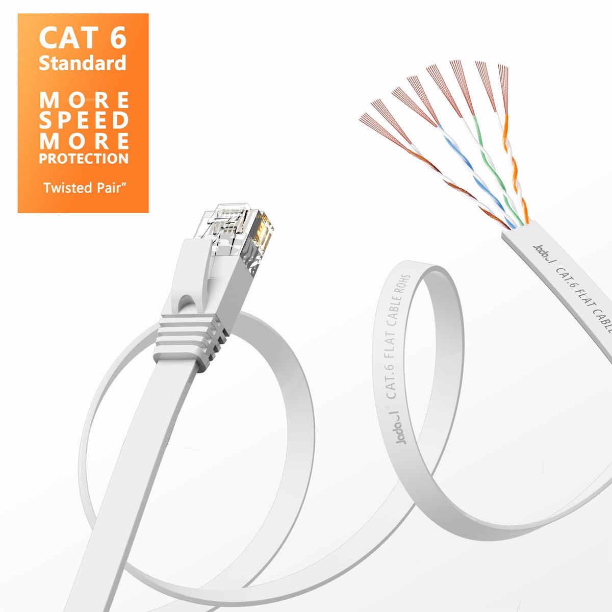 Jadaol Cat6/Cat6A Ethernet Cable 50FT Flat with Clips 10Gbps Network, White | 1FT 3FT 5FT 10FT 15FT 20FT 25FT 30FT 35FT 50FT 60FT 75FT 100FT 150FT 200FT LAN Patch Cable for Router, Modem, Switch, Gaming