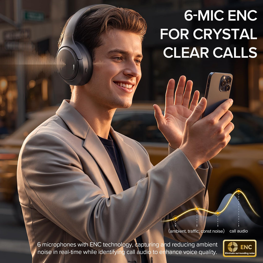Hybrid Active Noise Cancelling Headphones 120H Playtime 6 ENC Clear Call Mic, Over Ear Headphones Wireless with Hi-Res Audio Comfort Earcup Low Latency ANC Bluetooth 6.0 Headphones for Travel Workout