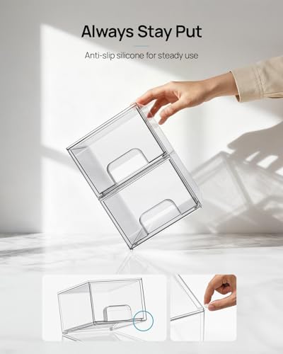 Vtopmart 4 Pack Small Clear Stackable Storage Drawers, Fits Narrow Spaces | Multi-Use Plastic Bins for Bathroom Cabinet Organizer, Makeup, Desk, Vanity, Undersink, Medicine ,Keeps Small Items Organized