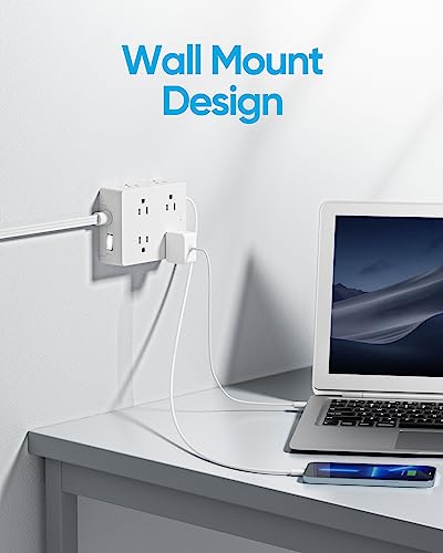 Olcorife Flat Plug Power Strip with 10 FT Extension Cord, 8 Outlets 4 USB Ports(1 USB C), 3 Sided Outlet Extender for Home Office Travel Dorm Room Essentials, White