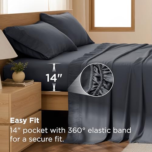 Bedsure Queen Sheet Set - 4 Pieces Soft, Breathable, Cooling Bed Sheets | Hotel Luxury Bedding for Kids, Women & Men, Oeko-Tex, Easy Care, Deep Pocket, Fade Resistant, Shrink Resistant, Emboss Design