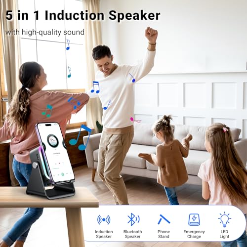 Induction Speaker with Phone Stand 5 in 1 Wireless Bluetooth Audio Black | Phone Speaker Amplifier for iPhone & Android with RGB Light and USB Wired Charging, Birthday Gift for Men Women Teens