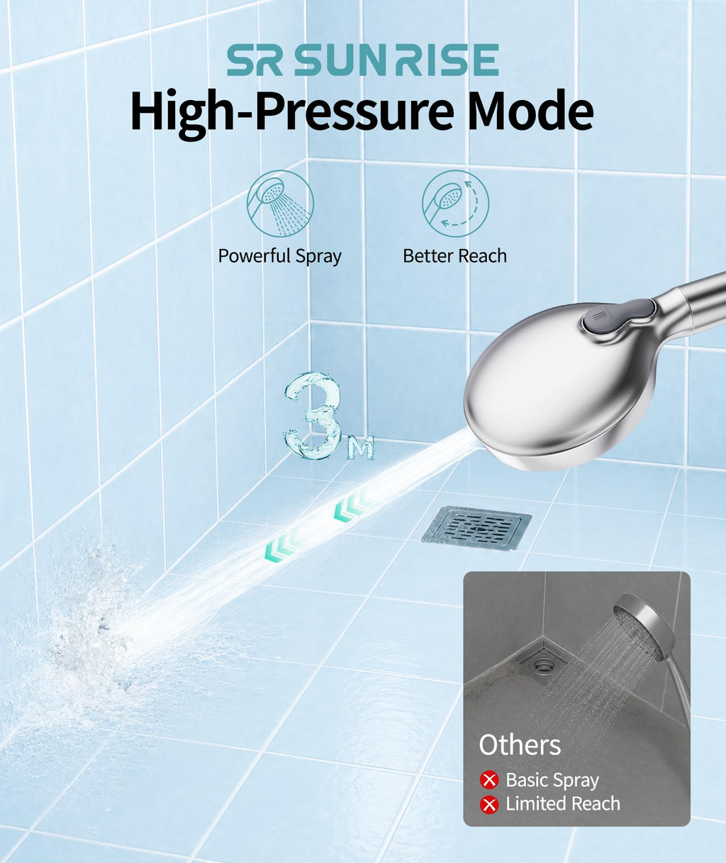 SR SUN RISE Filtered Shower Head with Handheld High Pressure 9 Spray Mode Showerhead Detachable Shower Head Water Softener Filters Beads for Hard Water Remove Chlorine 1 Filter Bright Silver