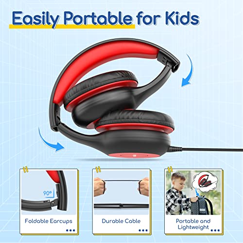 EarFun K1 Kids Headphones Wired with Mic, Volume Limit Headphones for Kids | Portable Wired Headphone with Shareport, Stereo Sound, Foldable Headset for School/Toddler/Tablet/iPad/Kindle, Black Red