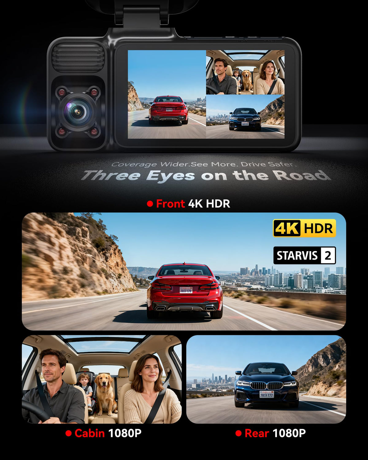 REDTIGER F17 4K 3CH Dash Cam, STARVIS 2 Sensor HDR, 64GB Card, 5.8GHz WiFi | 2160P+1080P*2 Front Inside and Rear, 4 IR Night Vision, G-Sensor, GPS Tracking, Exclusive App, WDR Car Camera, Parking Mode