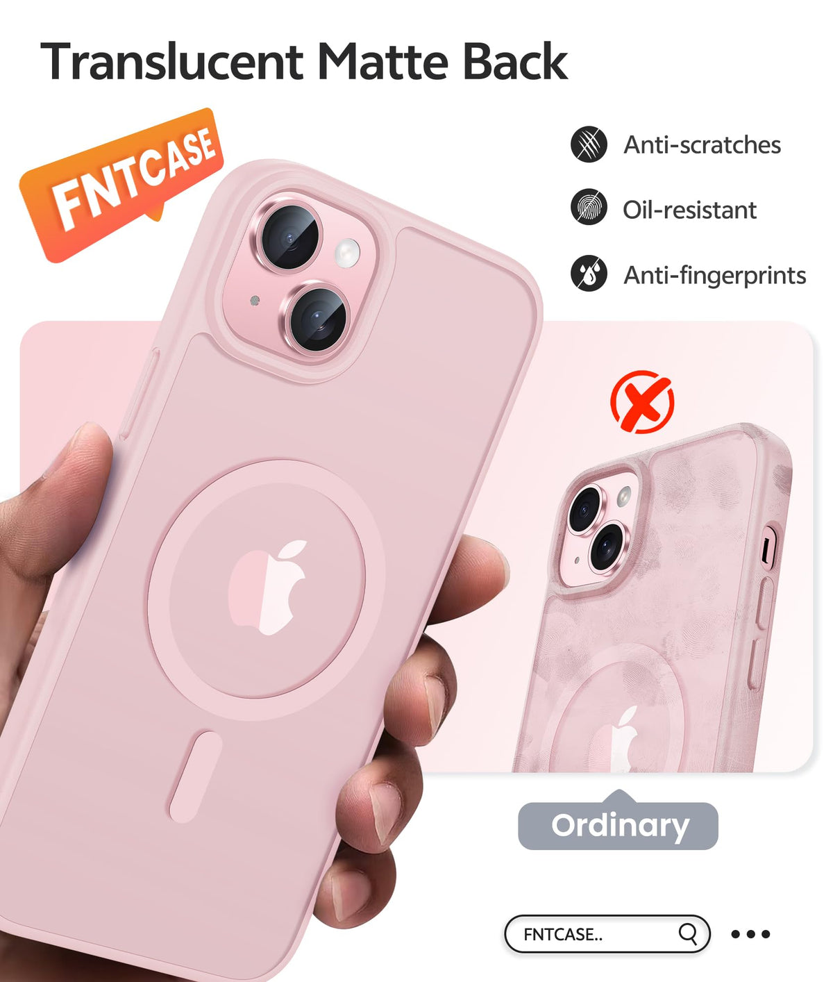 FNTCASE for iPhone 15/14/13 Case, Fit for Magsafe, Glass Screen Protector | Translucent Matte, Magnetic Phone Cases, 14FT Military Grade Drop Protection, Slim Shockproof Protective Cover, Light Pink