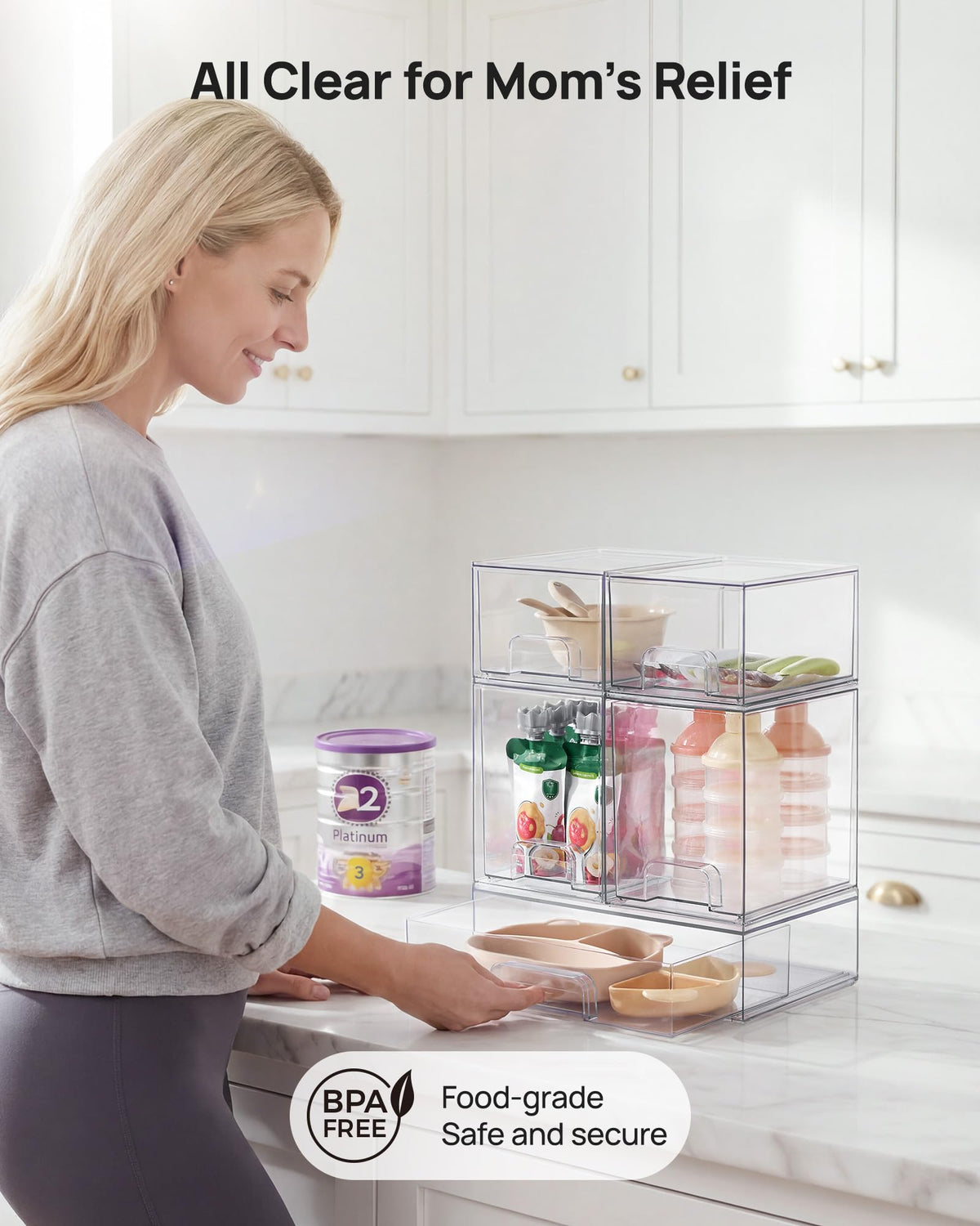 Vtopmart Clear Stackable Storage Drawers Set of 5, Plastic Organizer Bins | Multi-purpose Boxes for Baby Bottle Storage, Ideal for Kichen, Vanity, Bathroom, Undersink, Cabinet, Pantry Organization