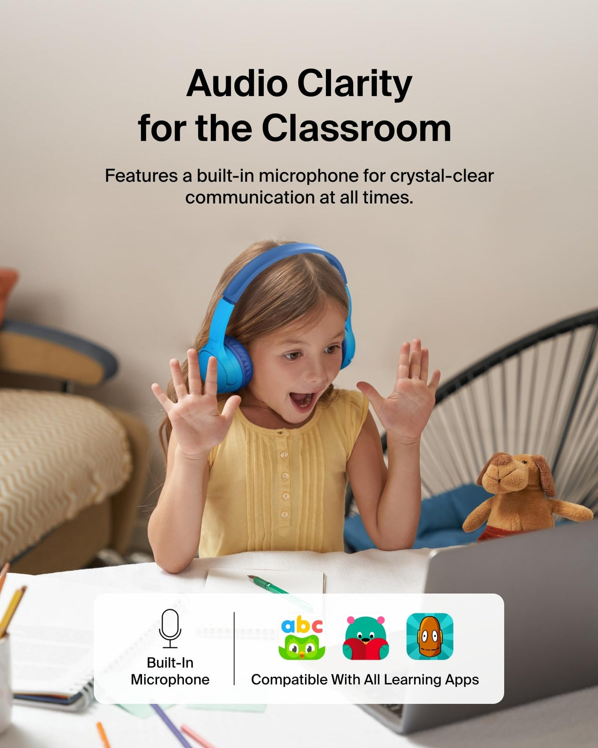 Belkin SoundForm Mini Kids Headphones, Wireless&Wired, 30H Playime, School | Headphones for Kids, Built-in Microphone, 85dB Volume Limit, USB-C, 3.5mm AUX, for School, Classroom, Travel, Laptop, Tablet