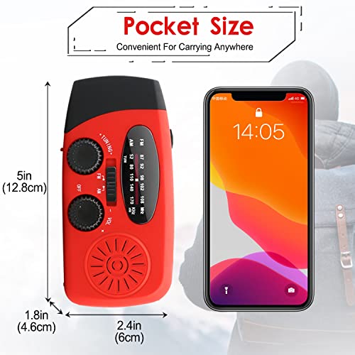 RunningSnail Hand Crank Radio with Flashlight, NOAA/AM/FM Emergency Radio | 2000mAh/7400mWh,Lightweight&Compact,Bright LED Flashlight,Cranked,Solar Power,USB-C,for Power Outage,Emergencies,Camping,Red