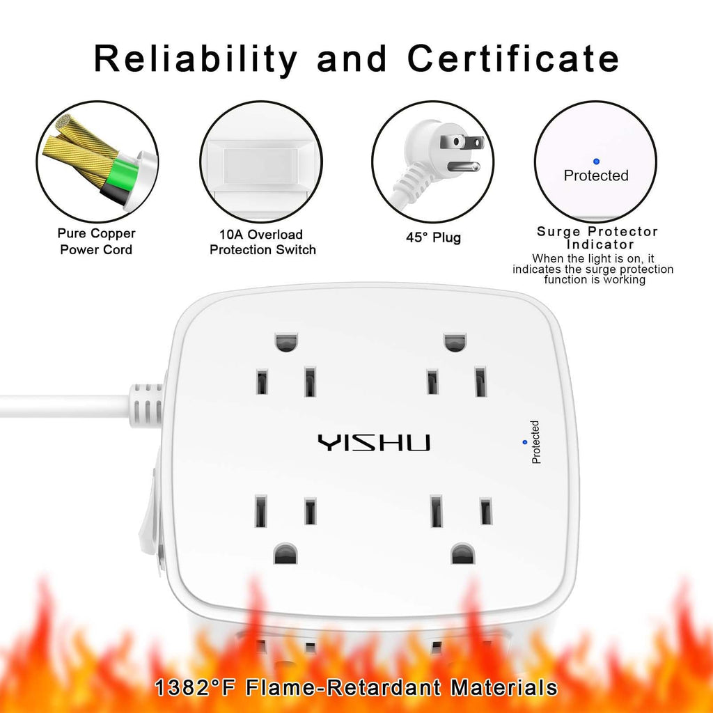 YISHU 6Ft Surge Protector Power Strip with 8 Widely Outlets & 4 USB Ports | 3 Side Outlet Extender with 6 Feet Extension Cord, Flat Plug, for Home, Office, College Dorm Room Essentials