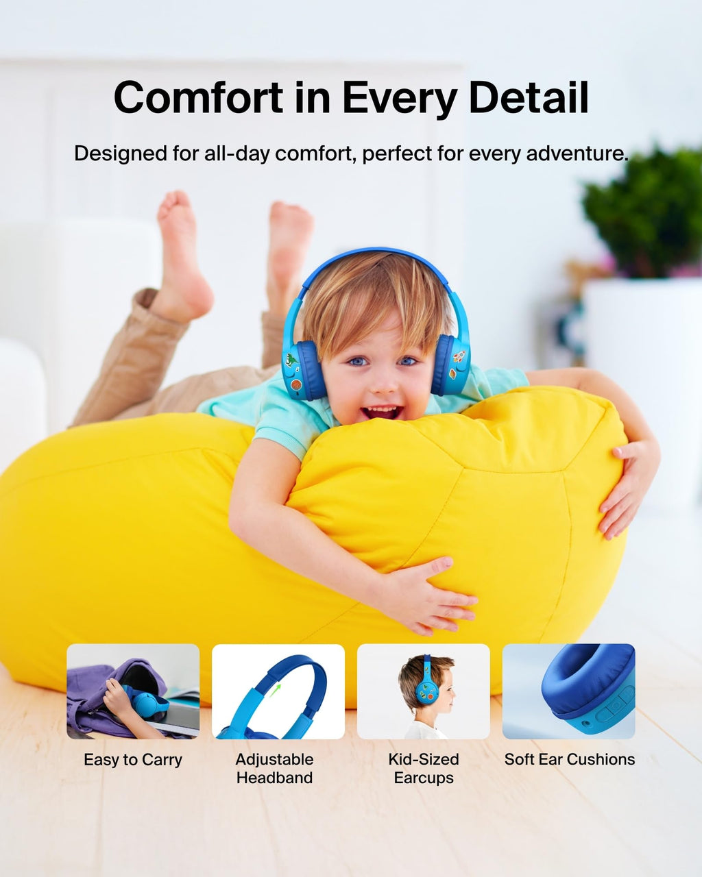 Belkin SoundForm Mini Kids Headphones, Wireless&Wired, 30H Playime, School | Headphones for Kids, Built-in Microphone, 85dB Volume Limit, USB-C, 3.5mm AUX, for School, Classroom, Travel, Laptop, Tablet