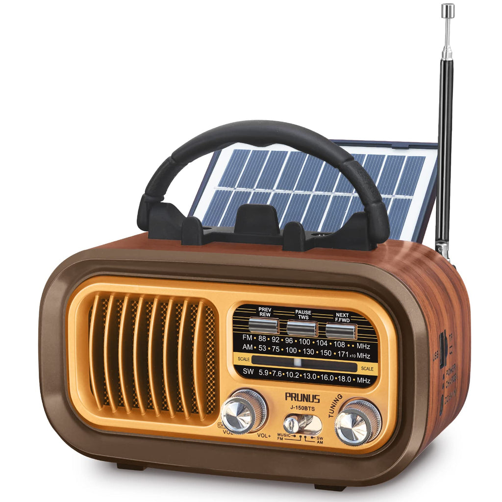 PRUNUS J-150 Portable Radio AM FM SW Bluetooth Speaker,TF Card/USB Playback | Retro Radios Vintage Transistor with Best Sound, Solar/D Battery Operated/USB Charging, TWS