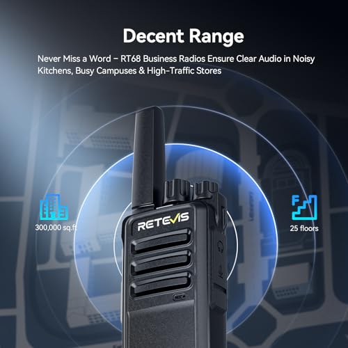 Retevis RT68 Business FRS Walkie Talkies Long Range with Earpieces 6 Pack | Rugged & Compact, License-Free, Powerful 500mW Speaker, 12-Hour Battery, Long-Term Supply, for Schools, Retail & Hospitality