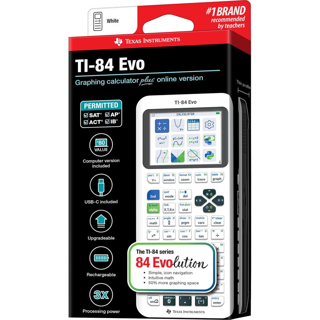 TI-84 Evo Graphing Calculator Texas Instruments, White | Intuitive Icon-based Homescreen, USB-C Charging, Python Programming, Faster Performance, Bigger Graphs than TI-84 Plus CE