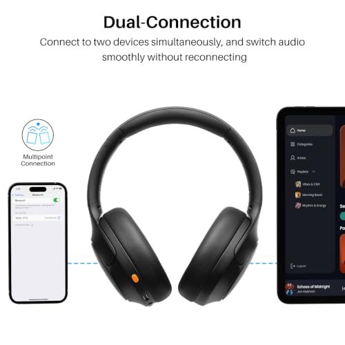 TOZO HT3 Hybrid Noise Cancelling Wireless Headphones, 90H Over Ear Headset | Hi Res Audio, AI Voice Assistant, Dual Device Connection, 32 Custom EQs, Built In 5 Mics, ANC, Foldable, Bluetooth 6.0 Black