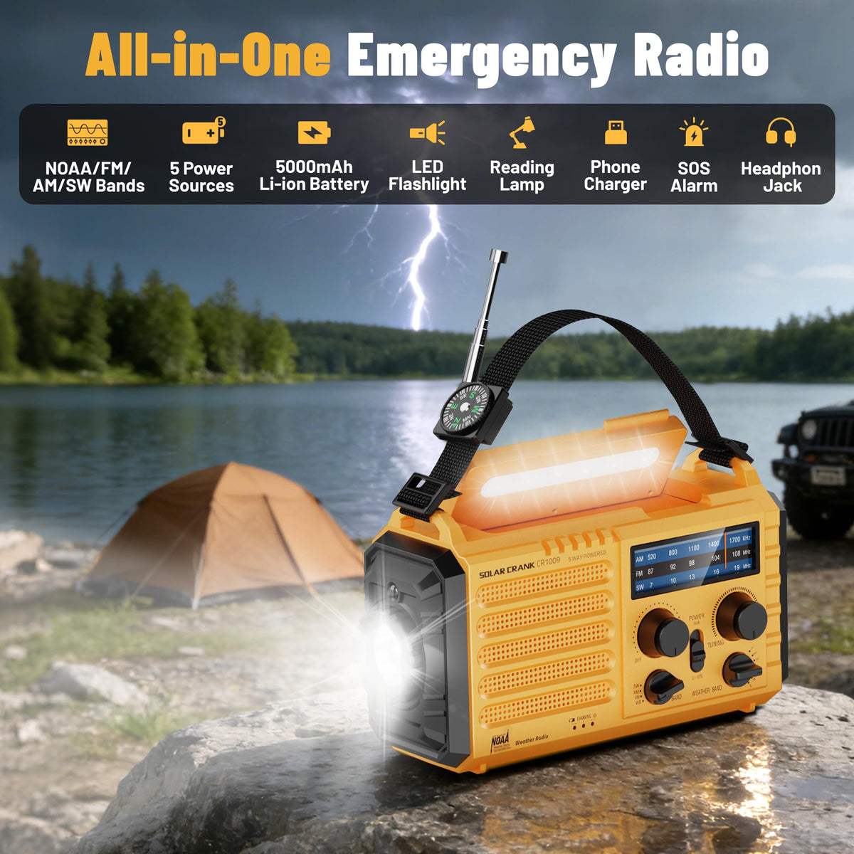 NOAA Weather Radio FM AM Shortwave, Emergency Radio 5000mAh Solar Crank | 5 Way Powered Portable Phone Charger with LED Flashlight, Reading Lamp, and SOS Alarm for Survival Kits