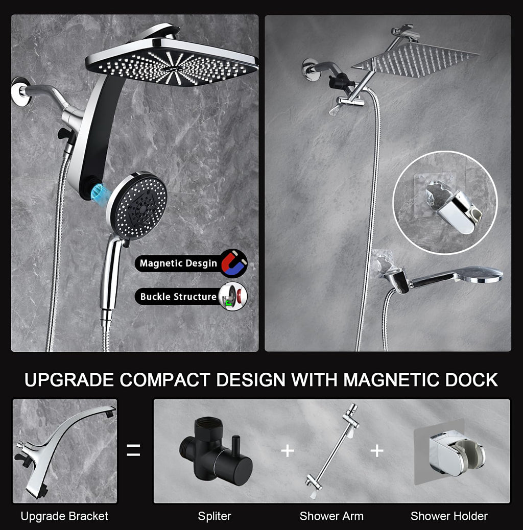 Rain Shower Head with Handheld Showerhead, Chrome 1.8GPM 460311 | 12" High Pressure Rainfall Shower Heads, 9 Sprays Handheld Showerheads, Magnetic Docking, Power Jets, 59" Shower Hose