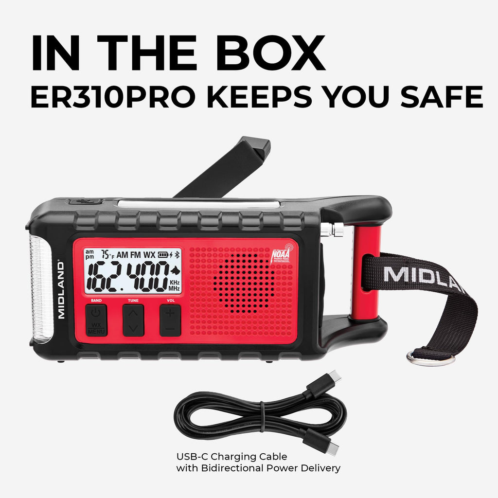 Midland - ER310PRO, Portable Emergency Bluetooth Weather AM/FM Radio | 10,000 mAh Power Bank - Multiple Power Sources, SOS Flashlight, Ultrasonic Rescue Dog Siren, & NOAA Weather (Red/Black)