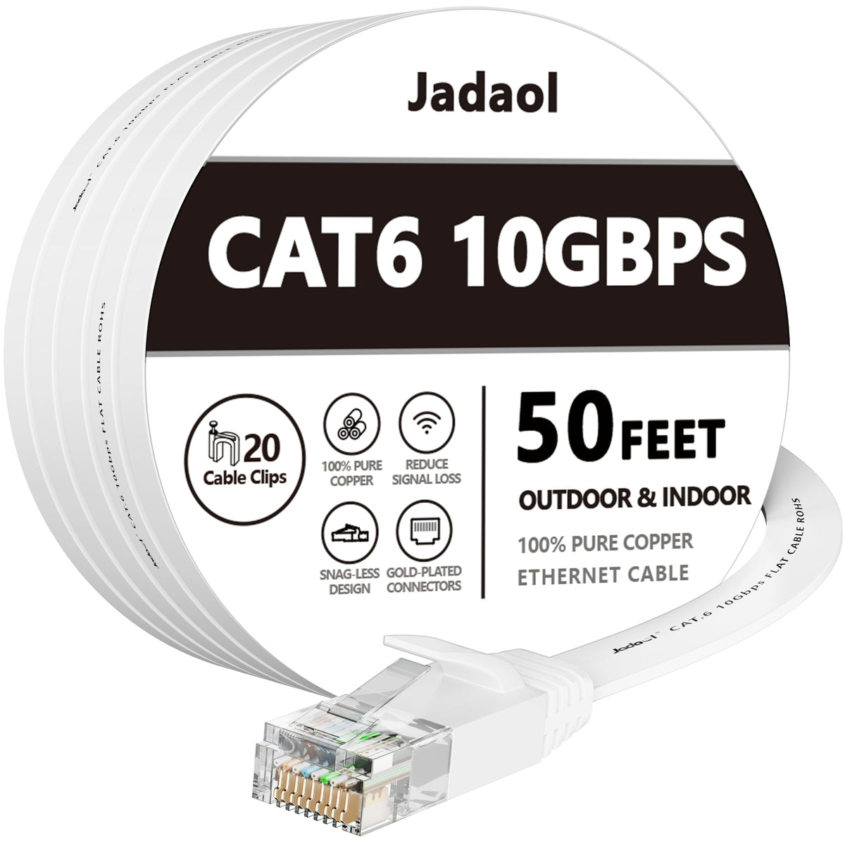 Jadaol Cat6/Cat6A Ethernet Cable 50FT Flat with Clips 10Gbps Network, White | 1FT 3FT 5FT 10FT 15FT 20FT 25FT 30FT 35FT 50FT 60FT 75FT 100FT 150FT 200FT LAN Patch Cable for Router, Modem, Switch, Gaming