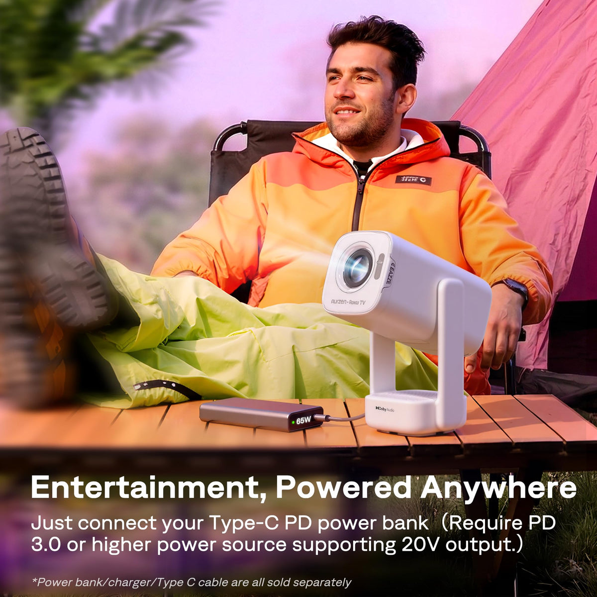 Aurzen Roku TV D1R air USB-C Powered Smart Portable Outdoor Projector White | Roku TV Built-in, WiFi & Bluetooth, Power Bank Supported, Native 1080P, DoIby Audio, Mini Projector for Home & Outdoor Movies