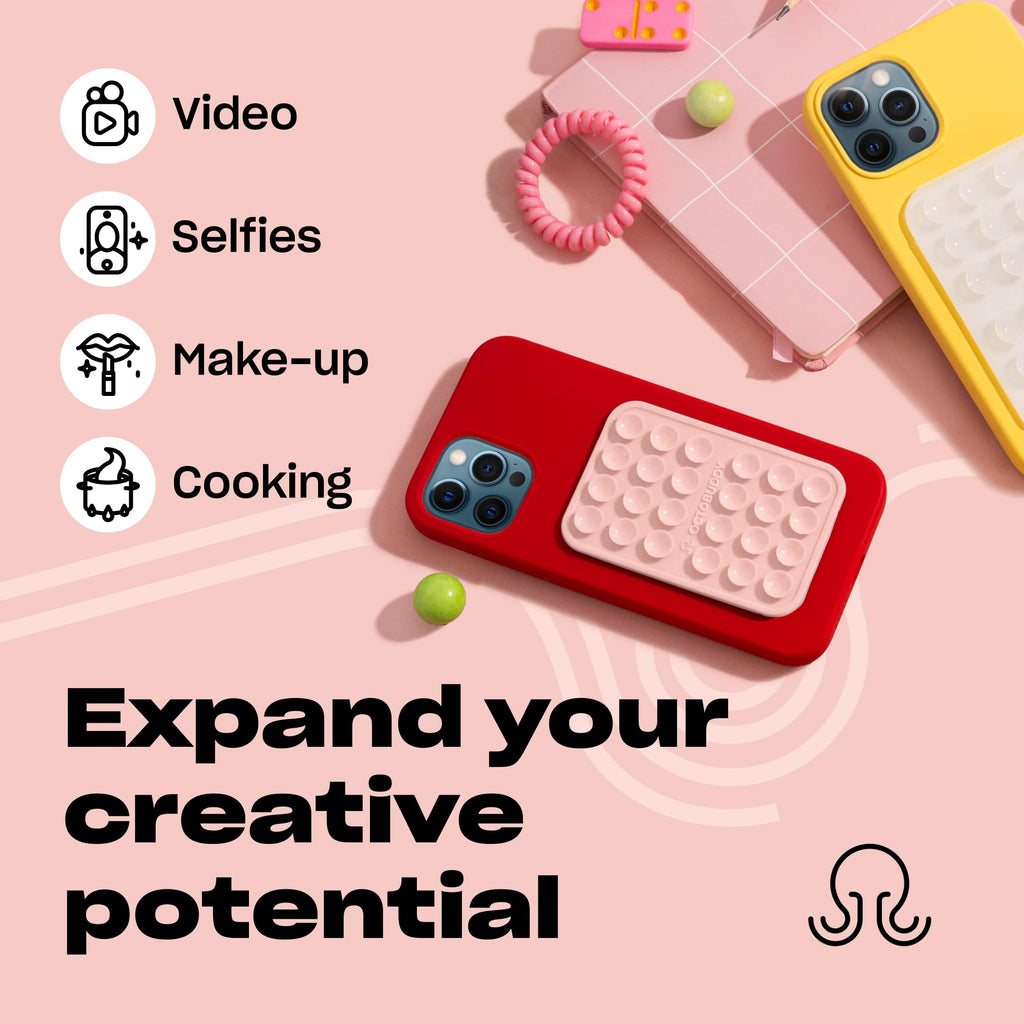 OCTOBUDDY Classic - Silicone Suction Phone Case Adhesive Mount, Chalk Pink | Hands-Free, Strong Grip Holder for Selfies and Videos - iPhone and Android Compatible - 2.25″ x 3.25″