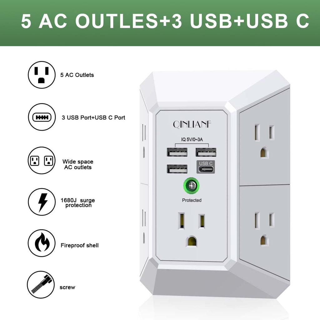 Wall Charger, Surge Protector, QINLIANF 5 Outlet Extender with 4 USB Ports | 1680 Joules, 3-Sided Power Strip, Multi Plug Wall Outlet Adapter Spaced for Home Travel Office, White