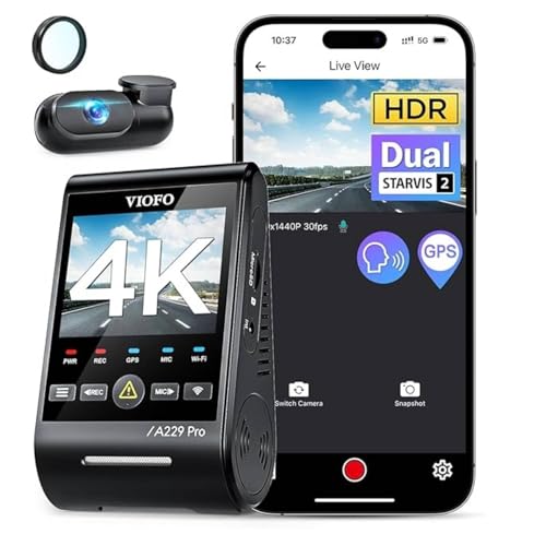 VIOFO A229 Pro 4K HDR Dash Cam Front and Rear, Dual STARVIS 2 Sensors | 4K Front and 2K Rear, IMX678 & IMX675 sensors, 5GHz Wi-Fi, GPS, Voice Control, Buffered 24H Parking Mode, Night Vision 2.0