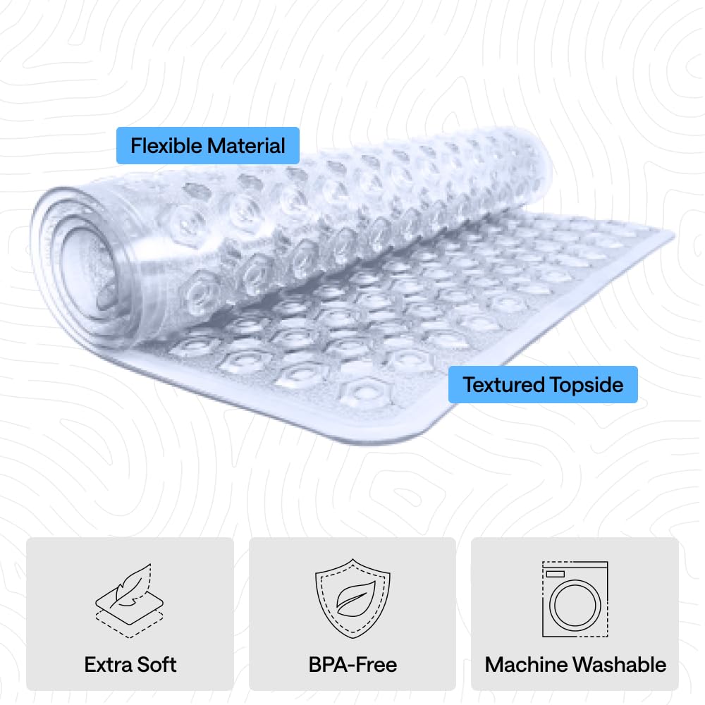 GORILLA GRIP Bath Tub Shower Mat, Bathtub Floor Liner, 35x16 Clear | Patented Large Mats, Machine Washable, Suction Cups and Drain Holes to Keep Tubs Clean, Soft on Feet, Bathroom Essentials