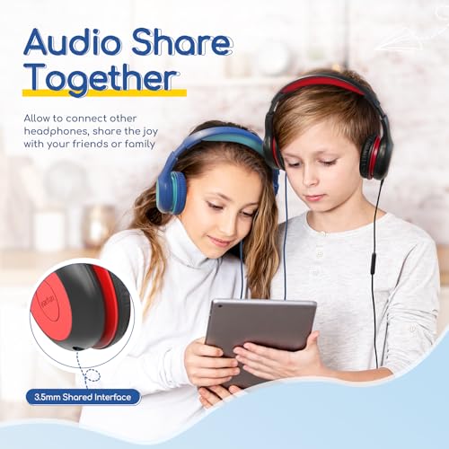 EarFun K1 Kids Headphones Wired with Mic, Volume Limit Headphones for Kids | Portable Wired Headphone with Shareport, Stereo Sound, Foldable Headset for School/Toddler/Tablet/iPad/Kindle, Black Red