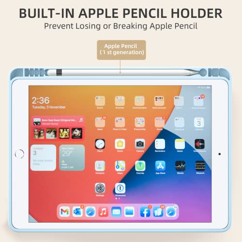 Akkerds for iPad 9th/8th/7th Generation Case 10.2 Inch, Sky Blue | With Pencil Holder, for iPad 10.2 Case 2021/2020/2019, Soft TPU Back, Slim Trifold Stand Protective Cover, Auto Sleep/Wake