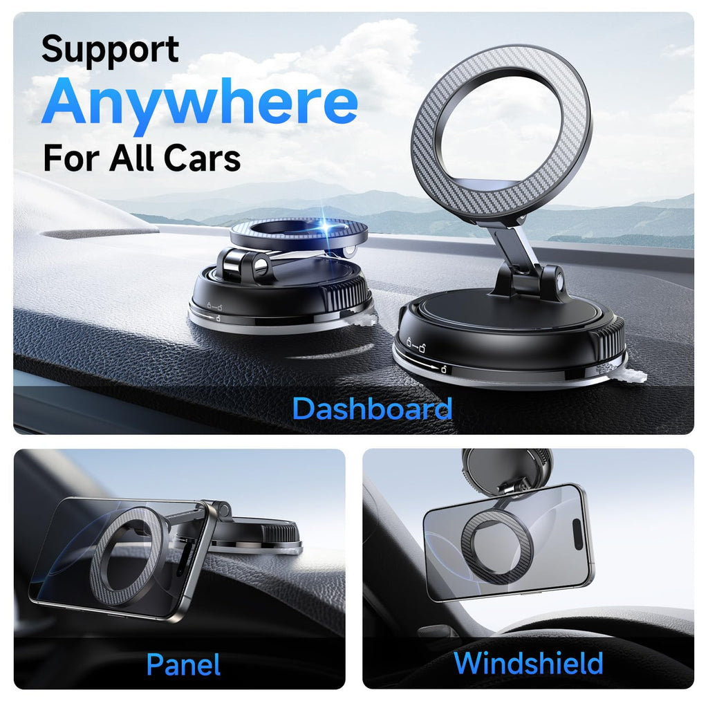 Compact Foldable Car Phone Holder for Magsafe [78+LBS Strongest Suction & 2400gf Strongest Magnetic] 360° Adjustable Car Phone Mount, Bedstand & Desk Mounts for iPhone 18-12 Pro Max (Carbon Fiber)