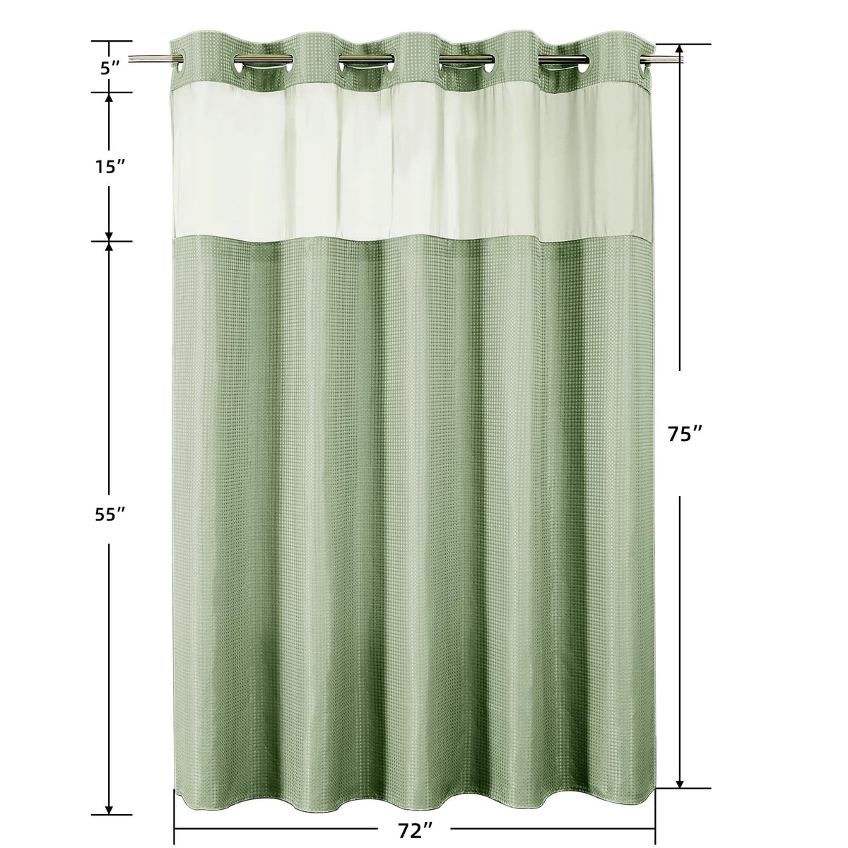 Colorful Star Sage Green No Hook Waffle Shower Curtain Set, 72 x 75 Inch | Waterproof Shower Curtain with Snap in Fabric Liner and Mesh Top Window, Hotel Style Heavy Duty Thick Bathroom Curtain