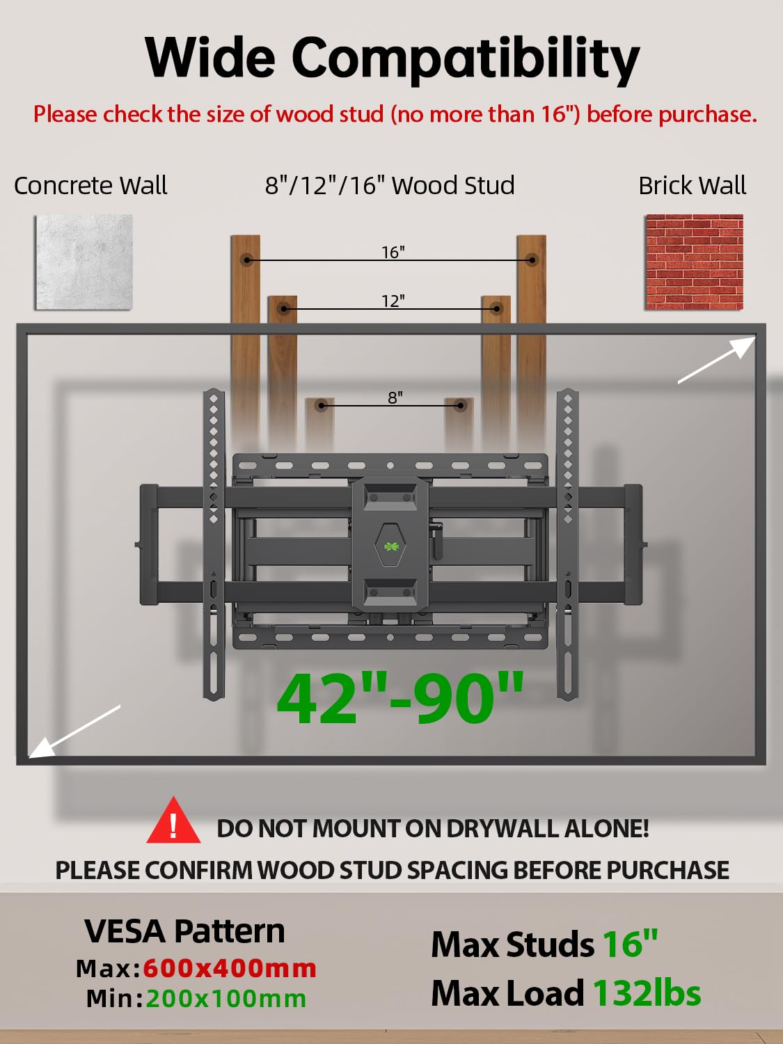 USX Mount Full Motion TV Wall Mount for 42-90 inch TV Holds up to 132lbs | TV Mount Bracket Dual Swivel Articulating Tilt 6 Arms, Max 16" Wood Studs, VESA 600x400mm, Fits 55/65/75/85/86"