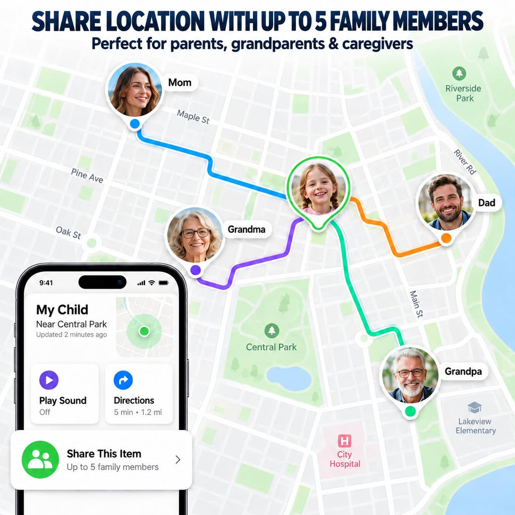 GPS Tracker for Kids with Real-Time Location Tracking & Family Sharing, Apple & Android Compatible, No Monthly Fees & No SIM Card, Wristband & Keychain Included, IP68 Waterproof, Black