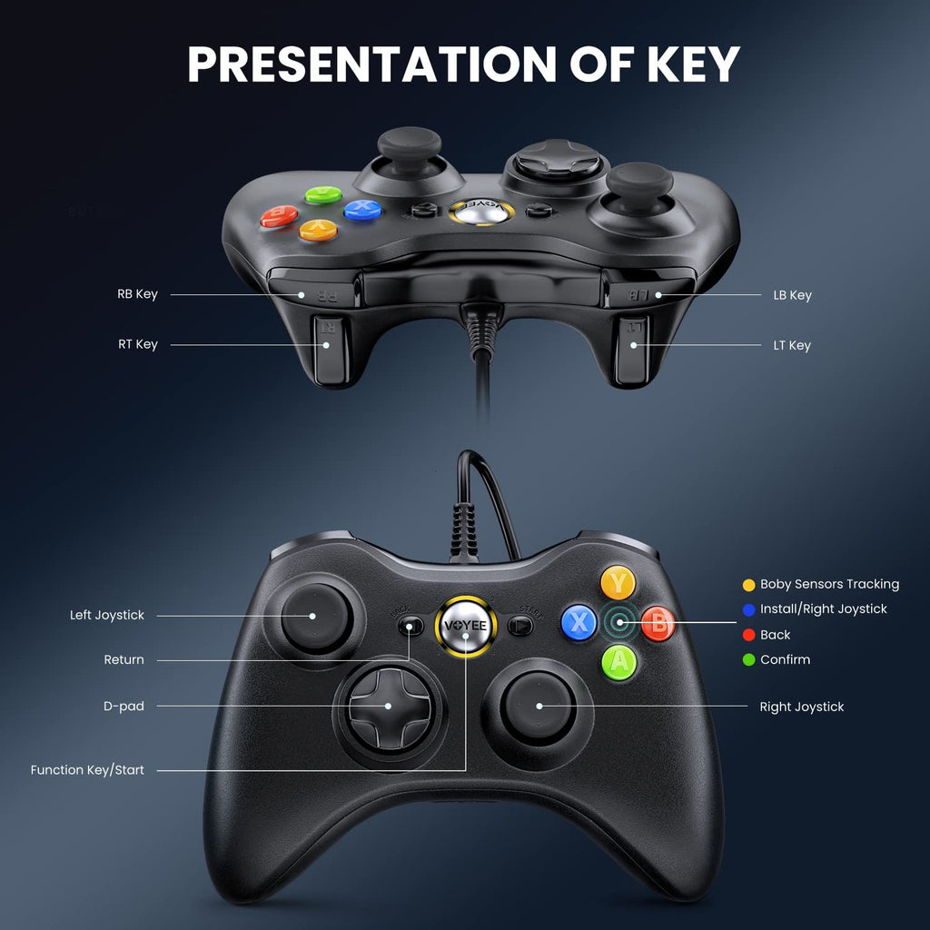 VOYEE PC Controller, Wired Compatible with Xbox 360 & Slim/Windows 10/8/7 | Upgraded Joystick, 7.2ft Cord, Ergonomic Grips, Double Shock | Enhanced (Black)