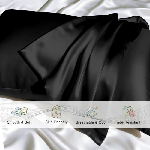 Gabire Mulberry Silk Pillow Cases Set of 2, Both Sides Real Silk Pillowcase for Hair and Skin Prevent Acne Pillowcase Organic Silk Pillowcase 2 Pack with Hidden Zipper, Black, Standard (20"×26")