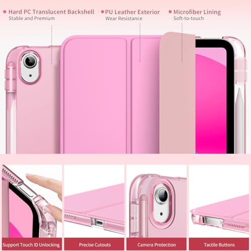 Moko for iPad A16 11th Generation Case 11 Inch 2025 with Pencil Holder,Pink | For iPad 10th Generation Case 10.9 Inch 2022, Slim Light Trifold Protective Cover with Hard PC Translucent Back Shell