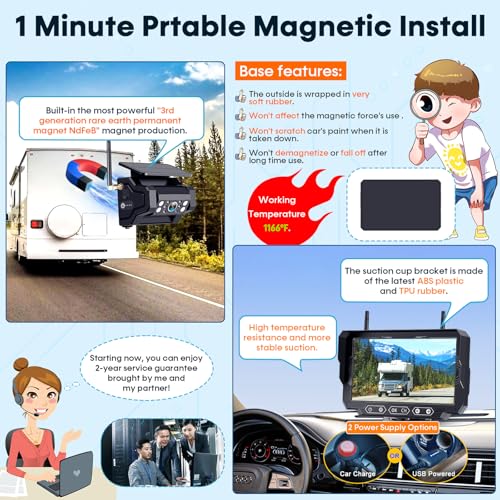 1080P HD Wireless Backup Camera - 1 Minute Magnetic Easy Install No Wiring | 7" Anti-Glare Monitor, Clear Night Vision, Solar 24H Long Life, Scratch-Proof Rear View Camera for Truck, Trailer, Small RV