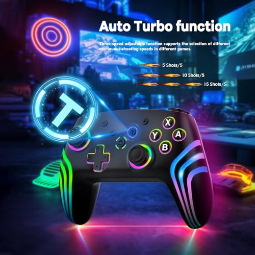 MYSTILUCK Wireless Pro Controller for Switch/Switch 2/Lite/OLED/PC | Gamepad with 7 Color-Changing RGB Lighting/Dual Vibration/6-Axis Gyroscope/Turbo, Ergonomically Designed Precise Joystick