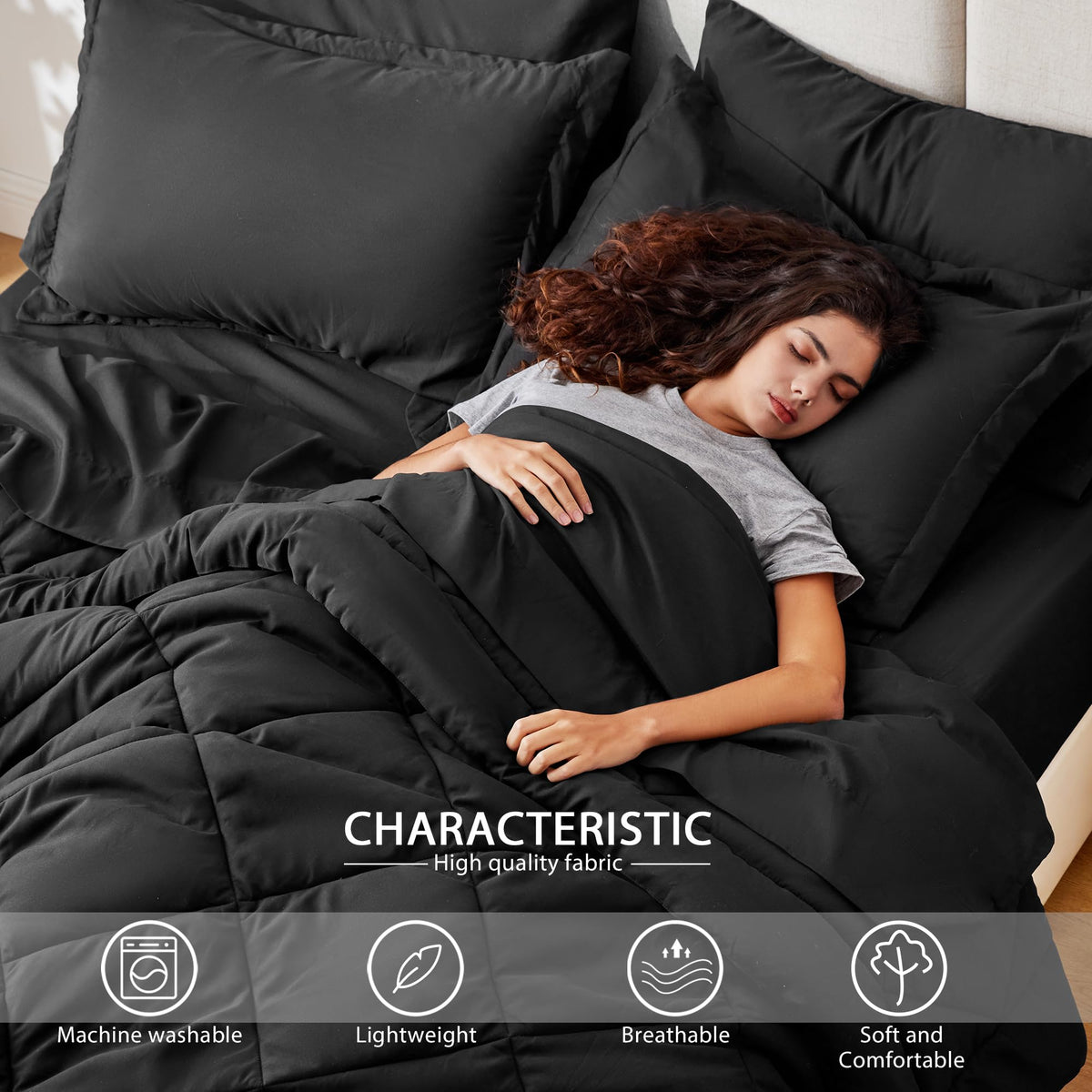 Love's cabin King Size Comforter Set, 7 Pieces Bed in a Bag, Black | OEKO-TEX Certified, All-Season, 1 Down-Alternative Comforter + 1 Flat & Fitted Sheets + 2 Pillowcases + 2 Pillow Shams