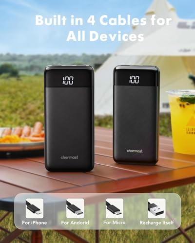 charmast Portable Charger Power Bank with Reinforced Built-in 4 Cables | 10000mAh,6 Outputs 3 Inputs,Travel Essentials,Carry-on Only,3A Fast Charging Portable Phone Charger for iPhone Samsung Pixel