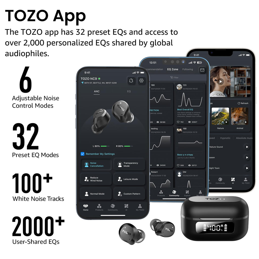 TOZO NC9 Hybrid Active Noise Cancelling Wireless Earbuds, 60H, LED Display | 6 Mic ENC Clear Calls, Deep Bass Sound, IPX8, in Ear Bluetooth 5.3 Headphones,32 EQs via APP, Comfort Fit Ear Buds, Black