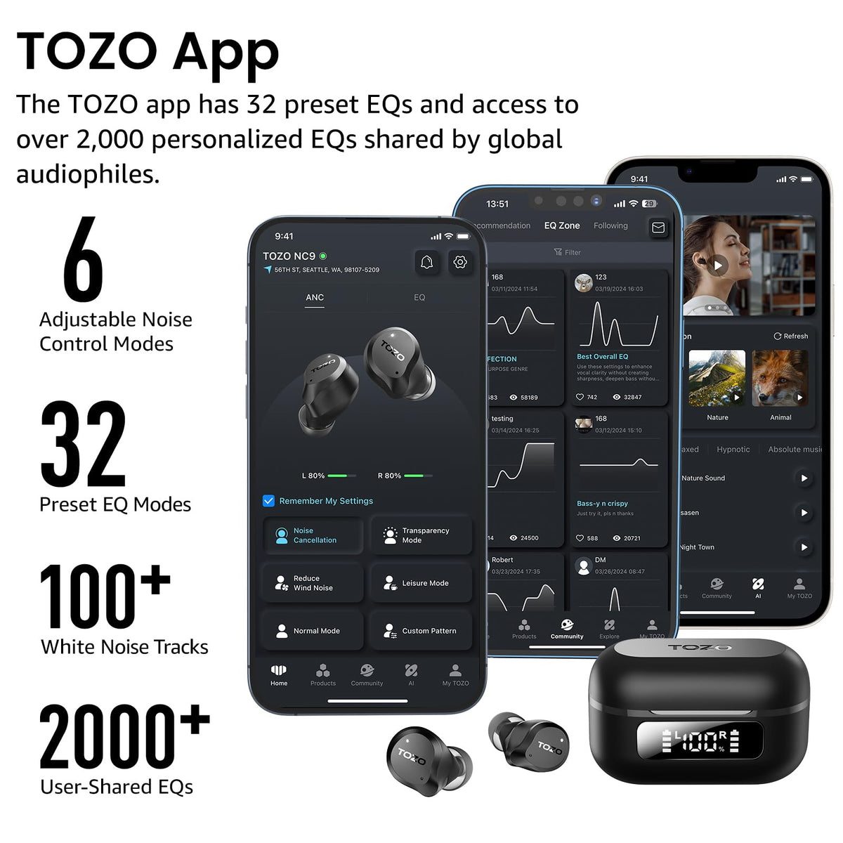 TOZO NC9 Hybrid Active Noise Cancelling Wireless Earbuds, 60H, LED Display | 6 Mic ENC Clear Calls, Deep Bass Sound, IPX8, in Ear Bluetooth 5.3 Headphones,32 EQs via APP, Comfort Fit Ear Buds, Black